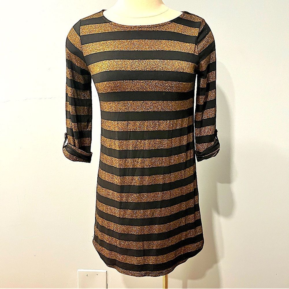 Everly Anyhropologie Black & Gold Striped 3/4 Sleeve Knit Shift Dress Size Small